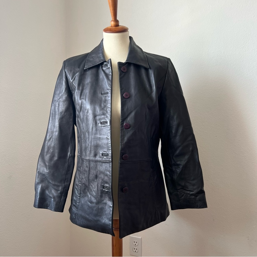 Petite Sophisticate Black Leather Button-Front Jacket